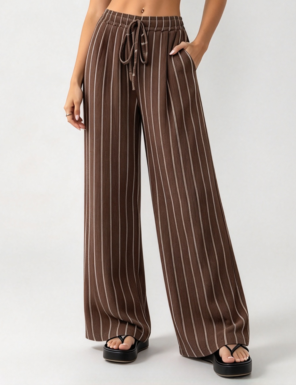Ladies Casual Striped Elastic Waist Drawstring Wide Leg Pants