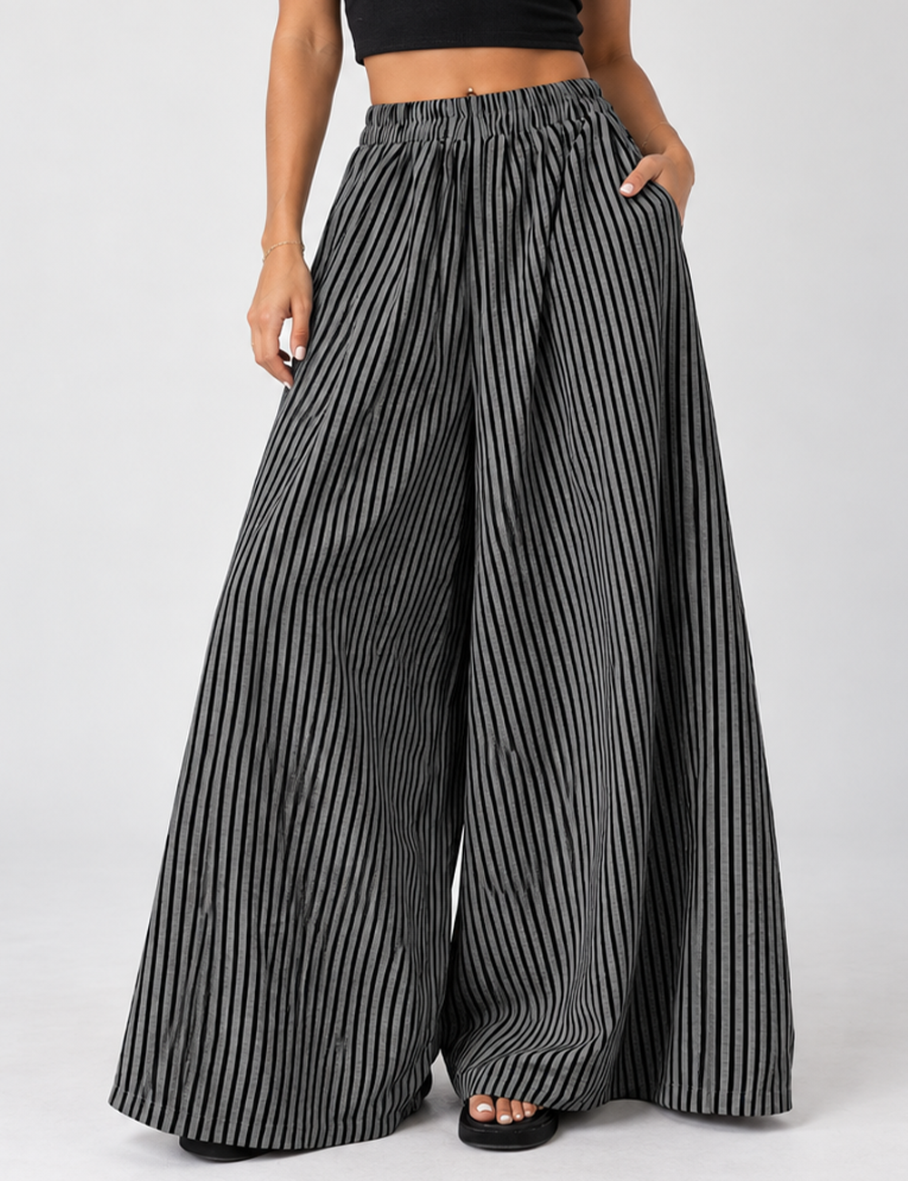 Ladies Striped Elastic Waist Wide Leg Pants