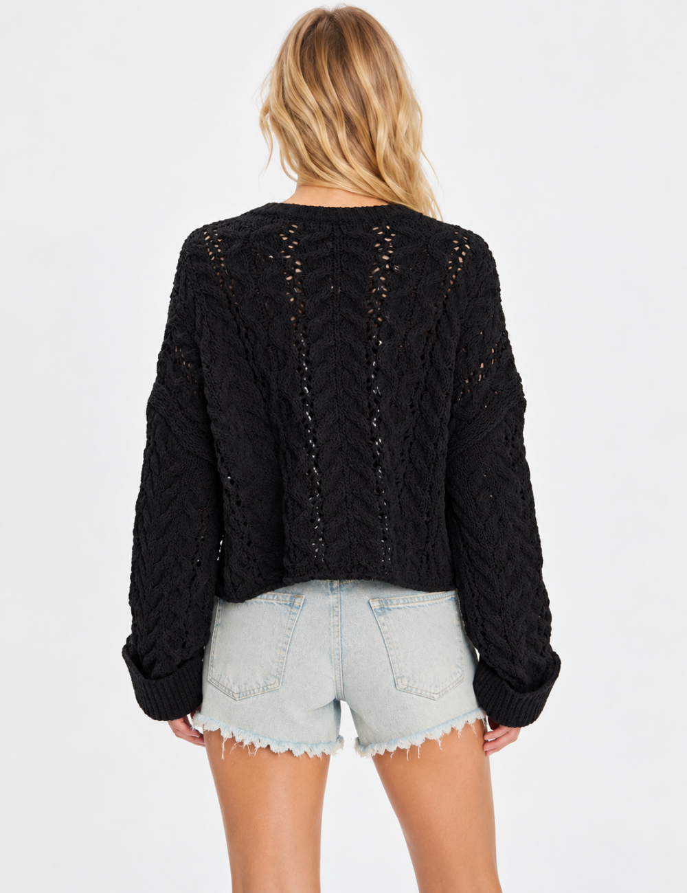 Ladies Casual Henley Neck Cable Knit Long Sleeve Sweater
