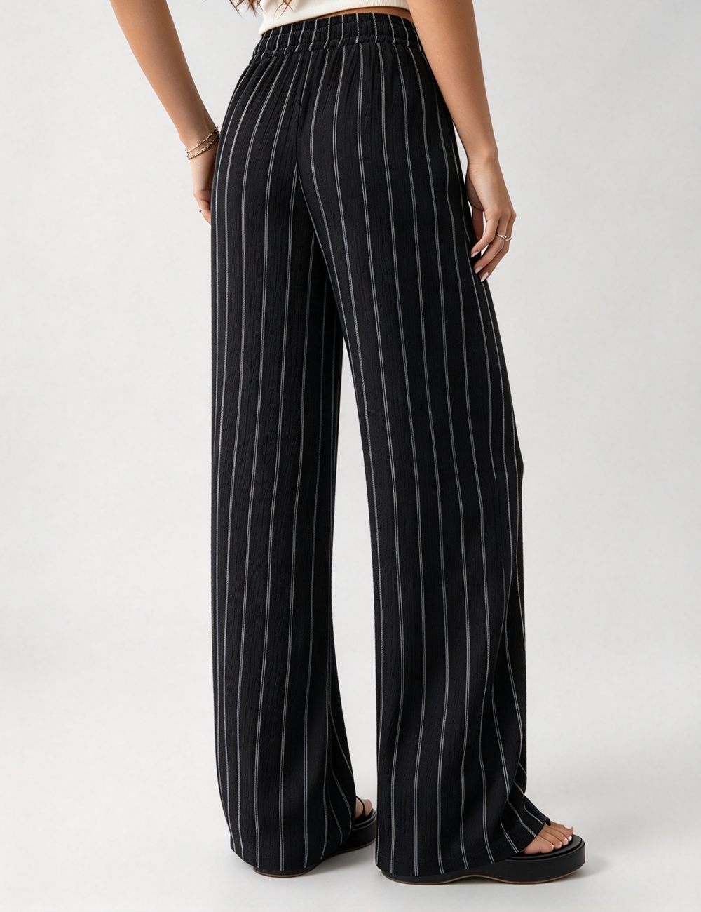 Ladies Casual Striped Elastic Waist Drawstring Wide Leg Pants