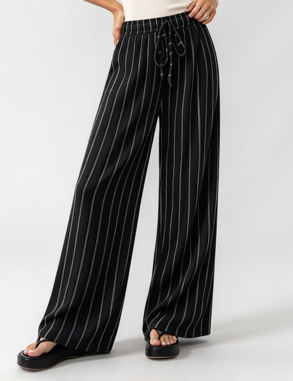Ladies Casual Striped Elastic Waist Drawstring Wide Leg Pants