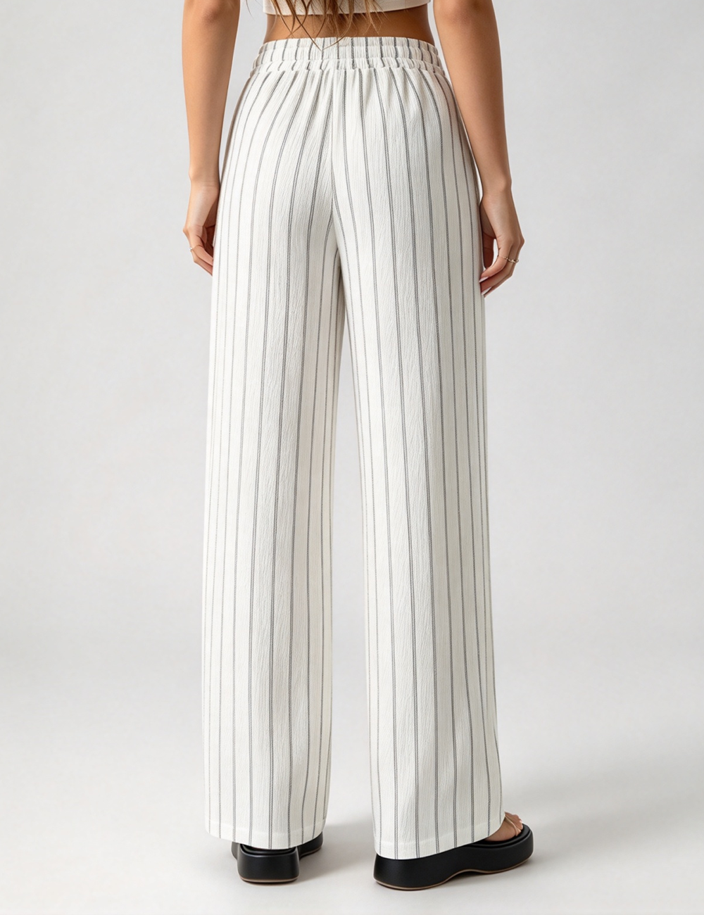 Ladies Casual Striped Elastic Waist Drawstring Wide Leg Pants