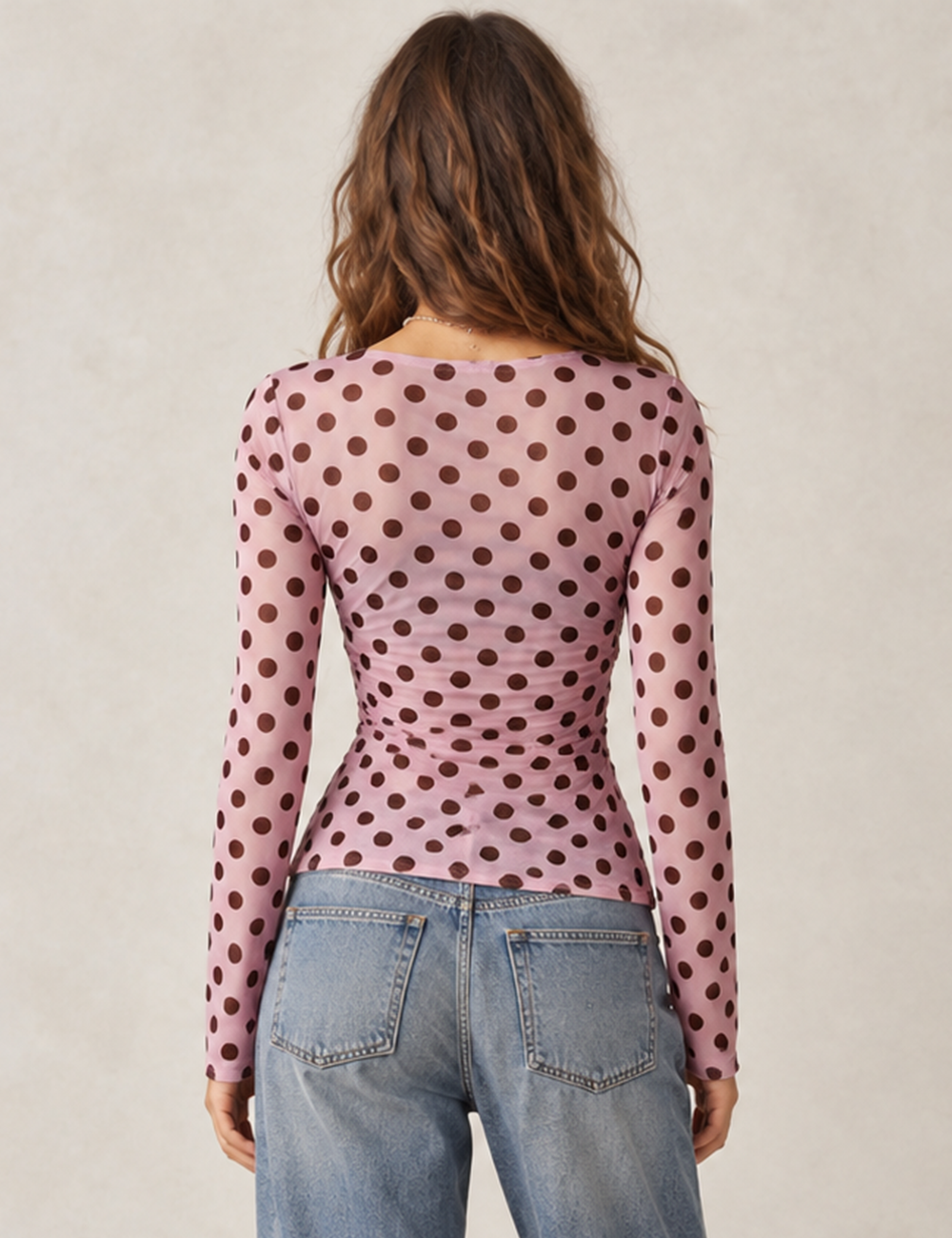 Ladies Polka Dot Print Sheer Mesh Long Sleeves Top