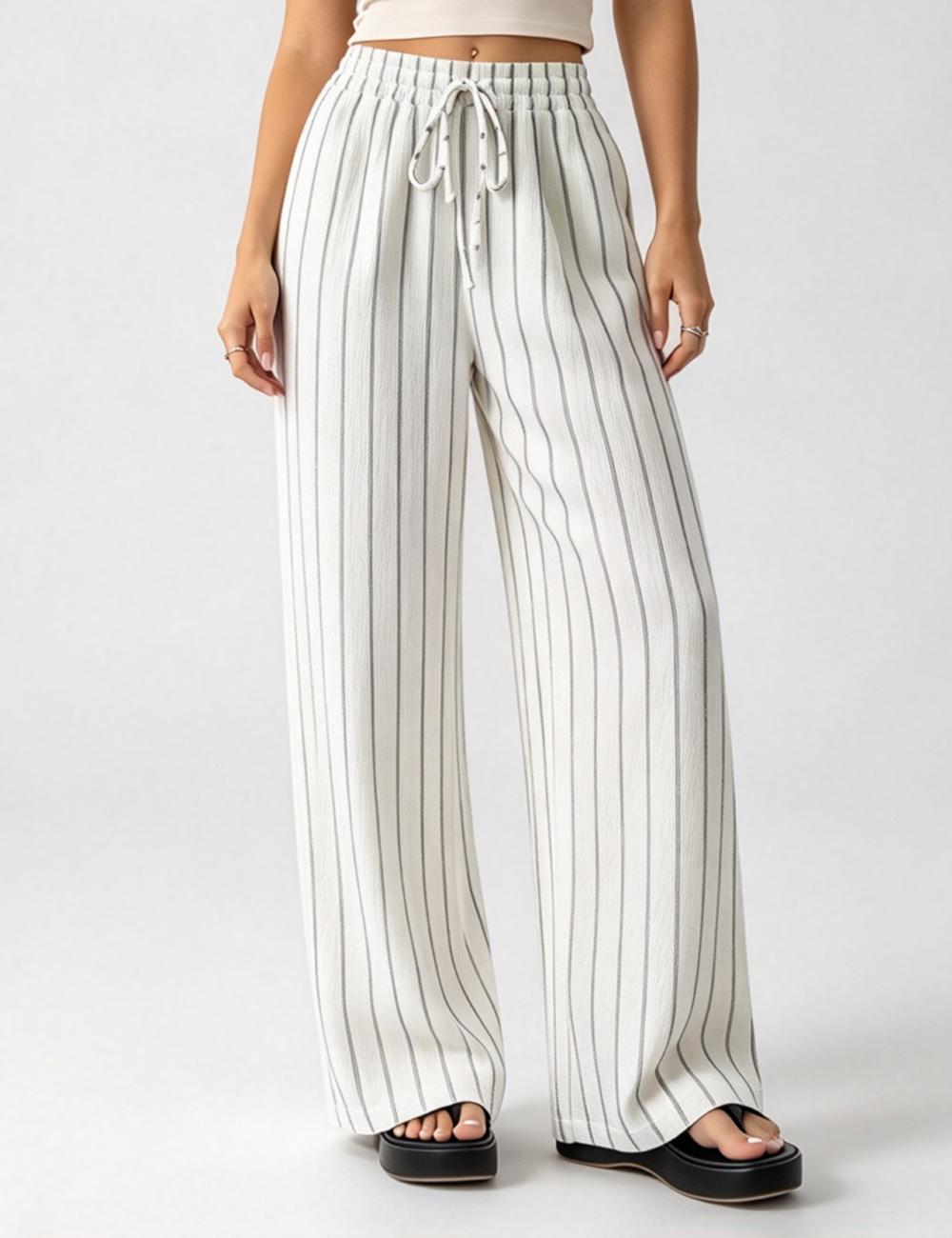 Ladies Casual Striped Elastic Waist Drawstring Wide Leg Pants