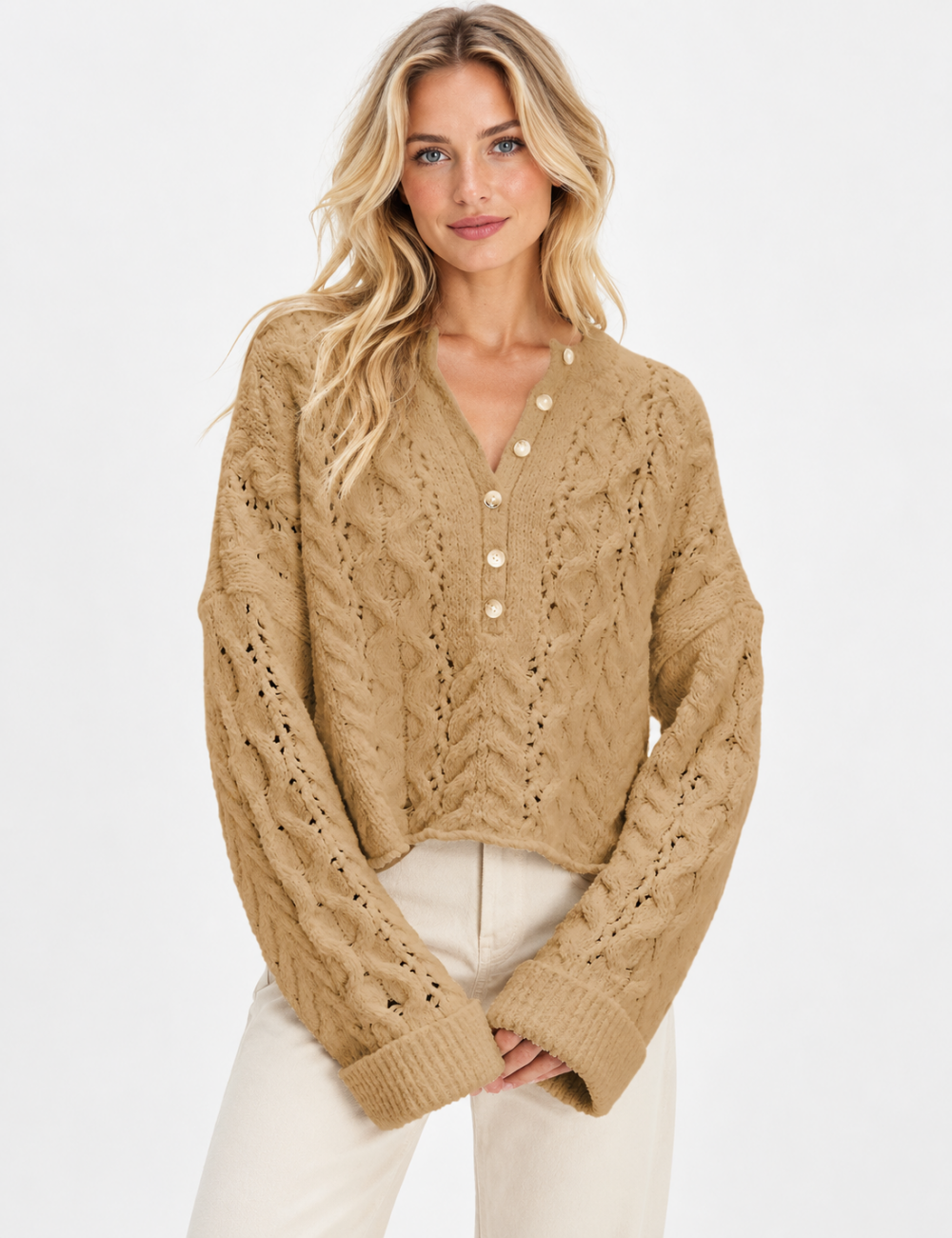 Ladies Casual Henley Neck Cable Knit Long Sleeve Sweater