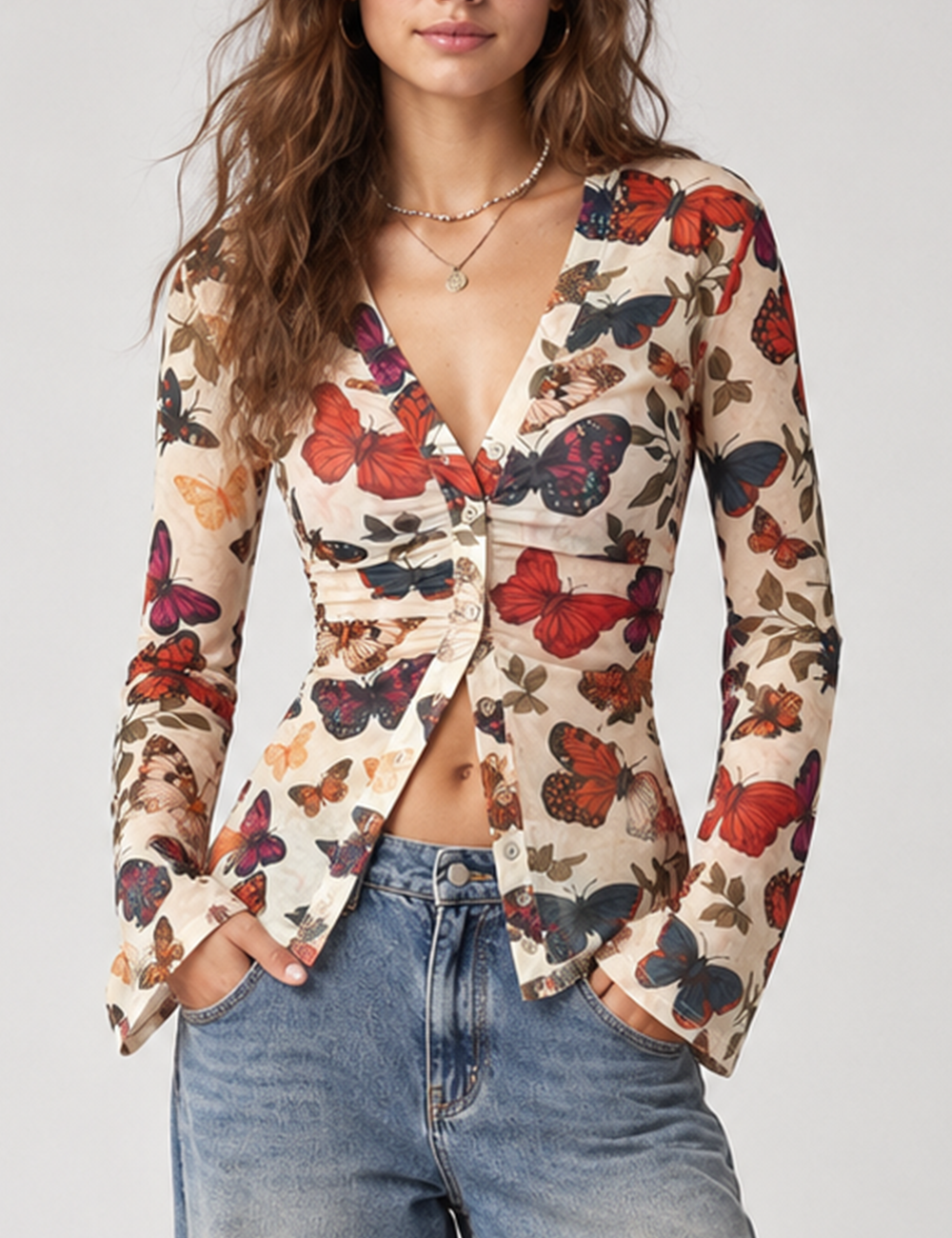 Ladies Butterfly Print V-Neck Sheer Mesh Long Sleeves Top