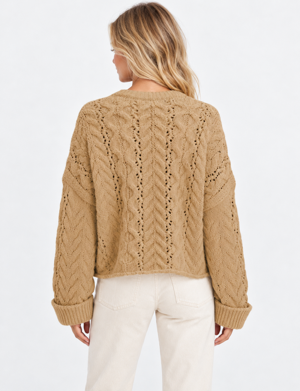 Ladies Casual Henley Neck Cable Knit Long Sleeve Sweater