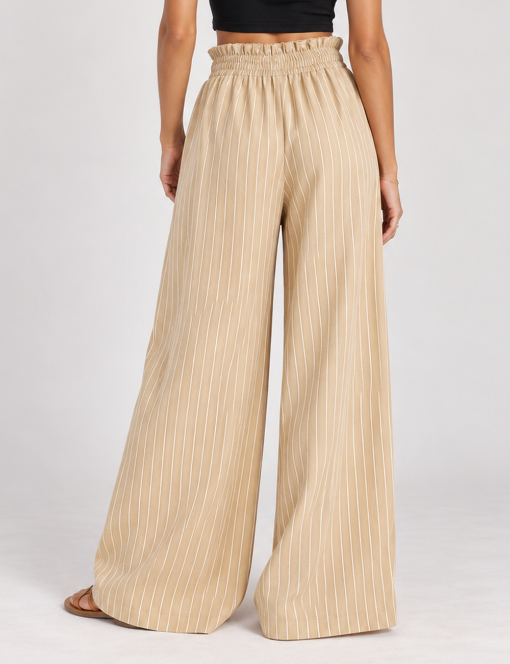 Ladies Striped Elastic Waist Drawstring Wide Leg Pants
