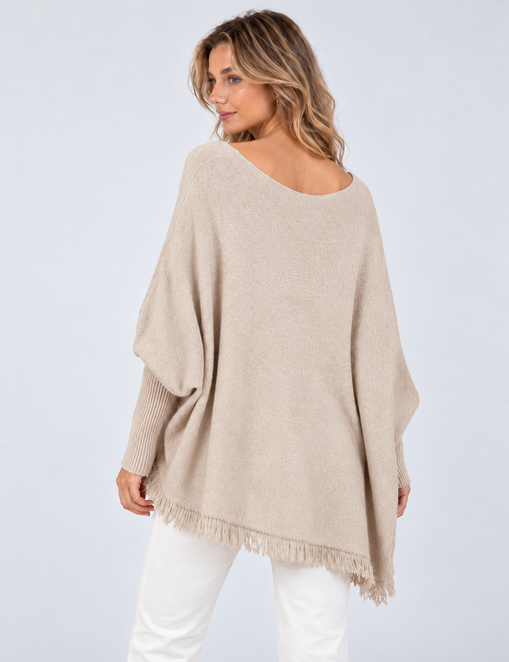 Ladies Casual V-Neck Fringe Hem Long Sleeve Knit Top