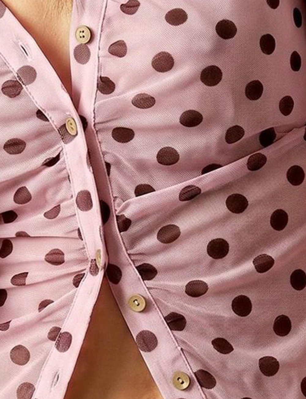 Ladies Polka Dot Print Sheer Mesh Long Sleeves Top