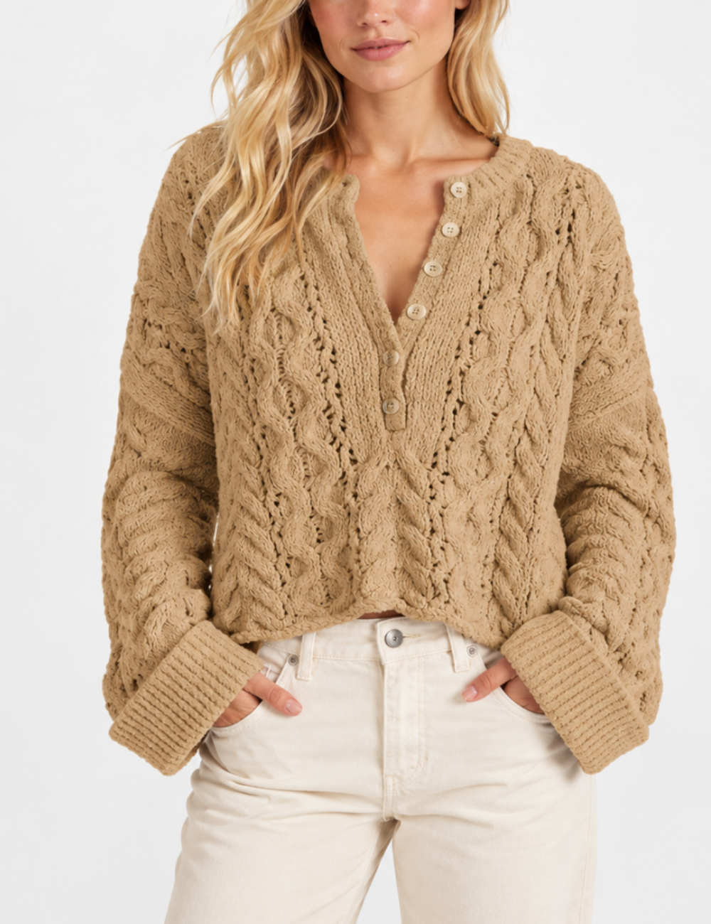 Ladies Casual Henley Neck Cable Knit Long Sleeve Sweater