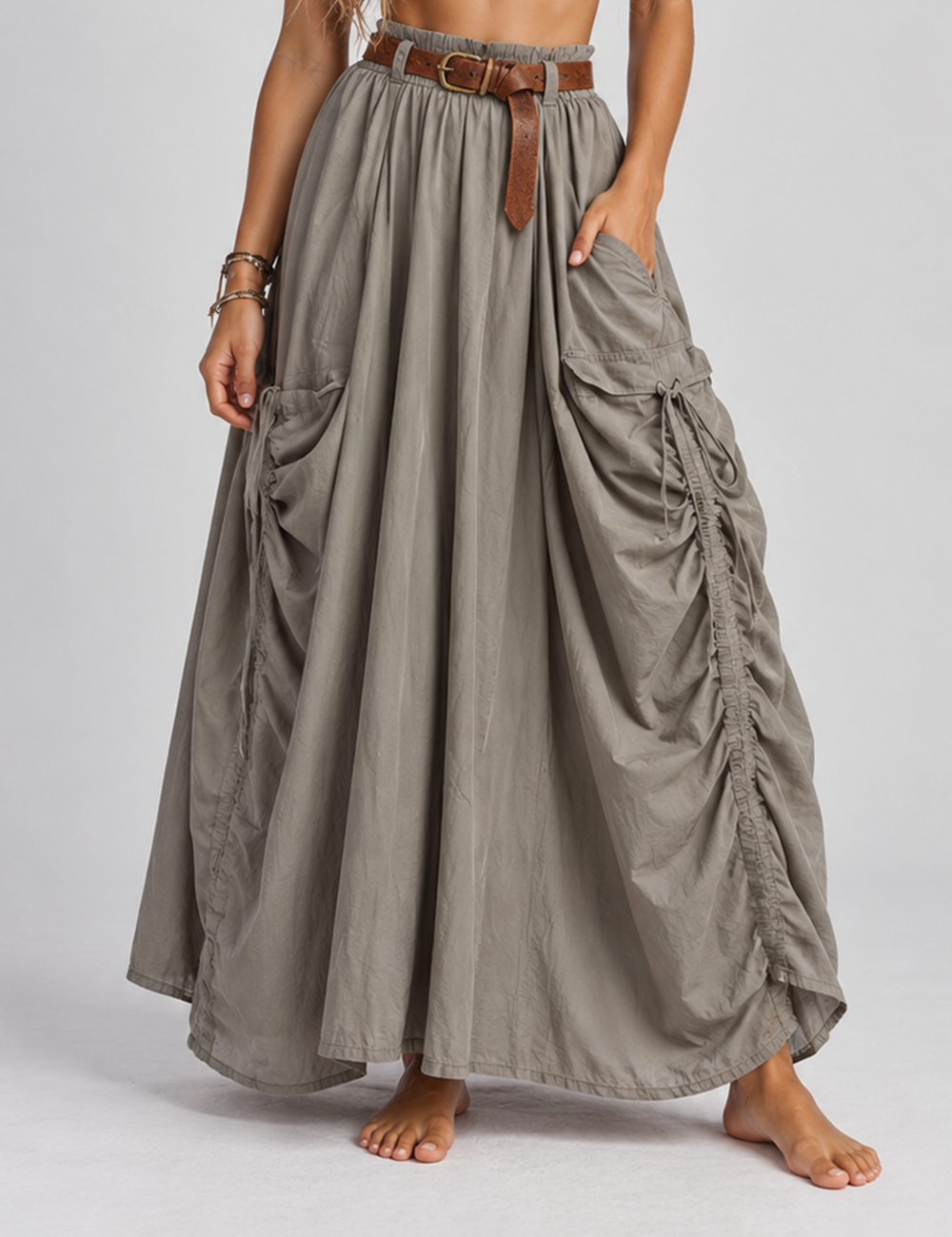 Ladies Boho Drawstring Pocket Organic Maxi Skirt