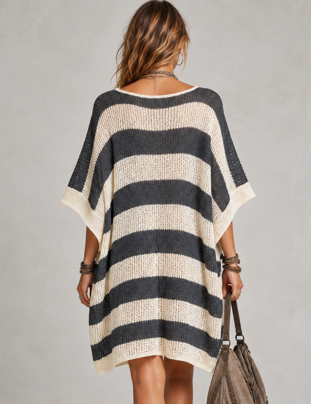 Ladies Casual Striped V-Neck Short Sleeve Knit Mini Dress