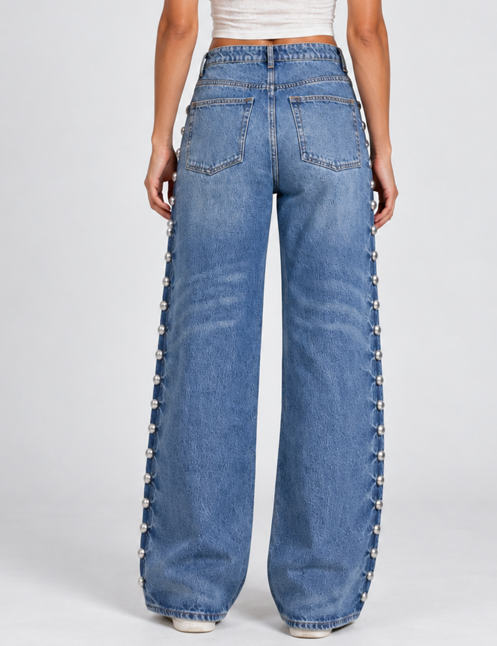 Ladies Studded Jeans Straight Wide Leg Denim Pants