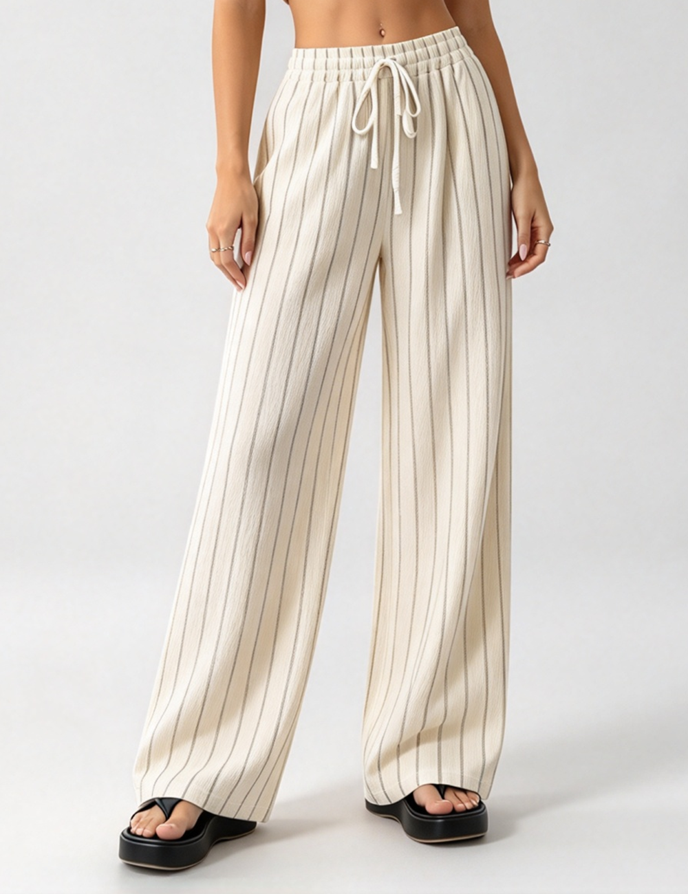 Ladies Casual Striped Elastic Waist Drawstring Wide Leg Pants