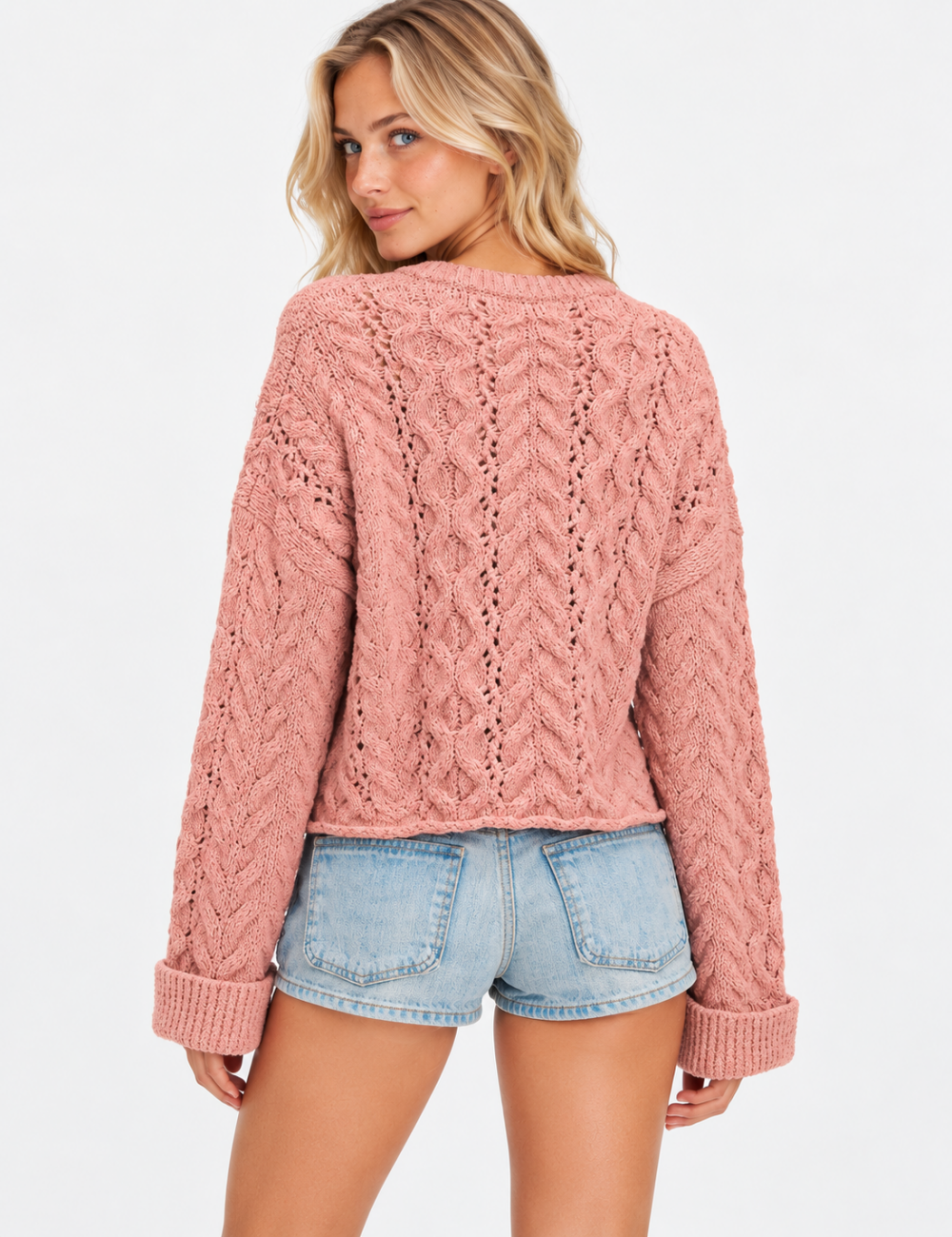 Ladies Casual Henley Neck Cable Knit Long Sleeve Sweater
