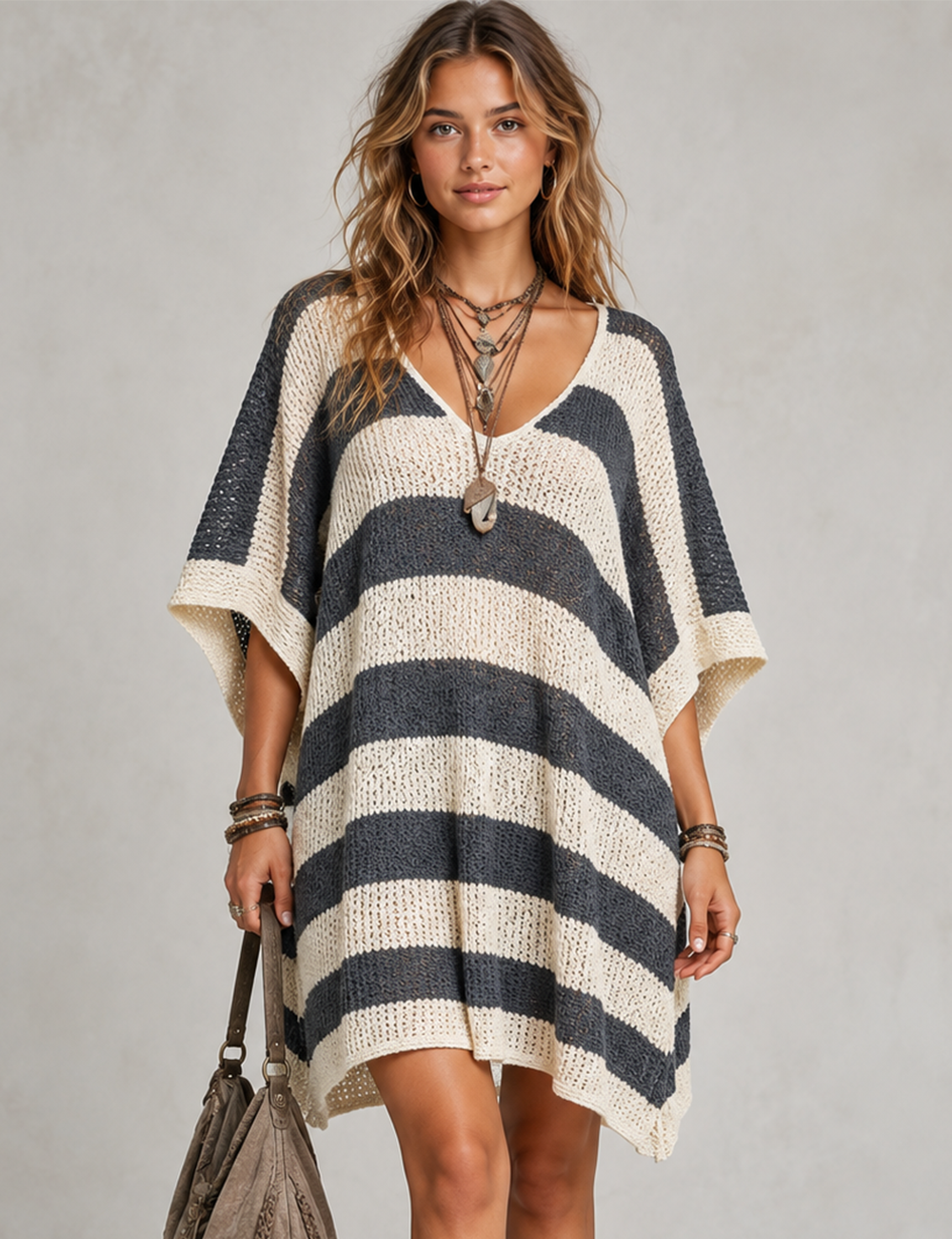 Ladies Casual Striped V-Neck Short Sleeve Knit Mini Dress