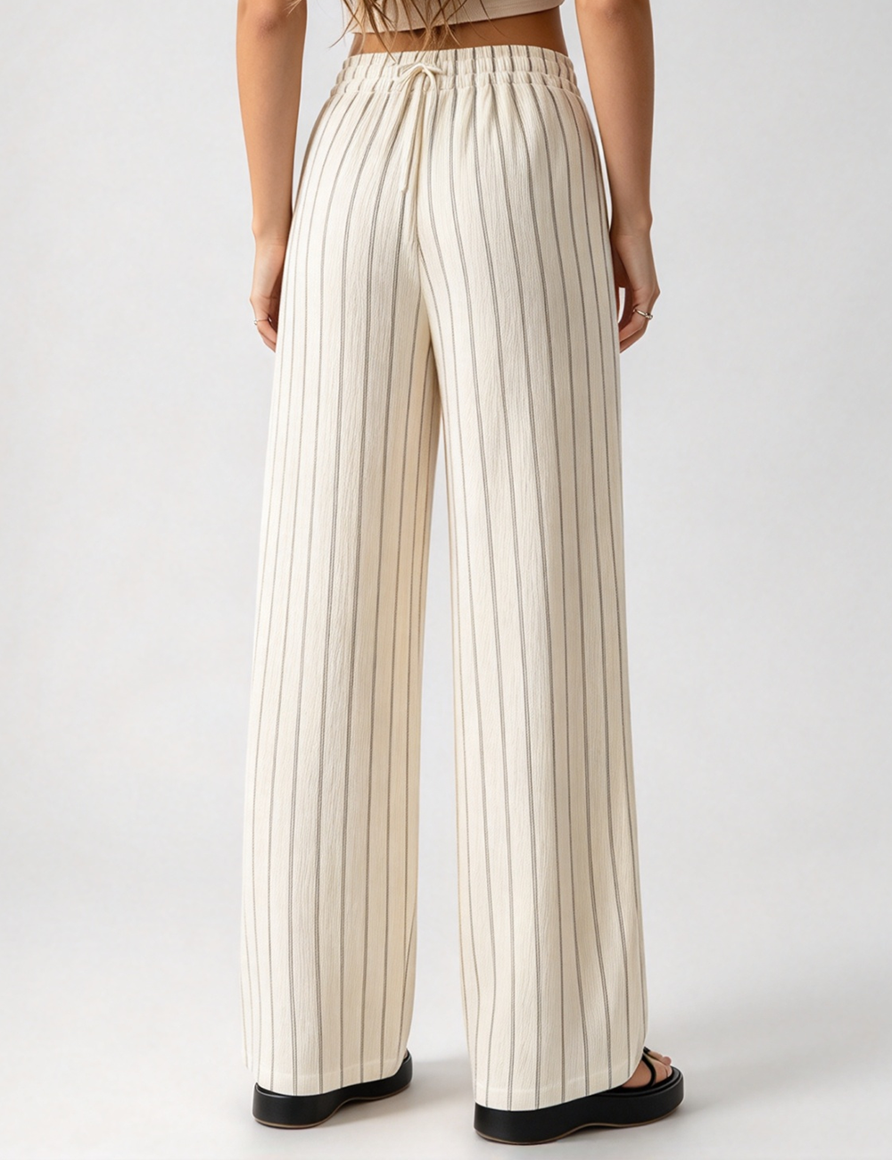Ladies Casual Striped Elastic Waist Drawstring Wide Leg Pants
