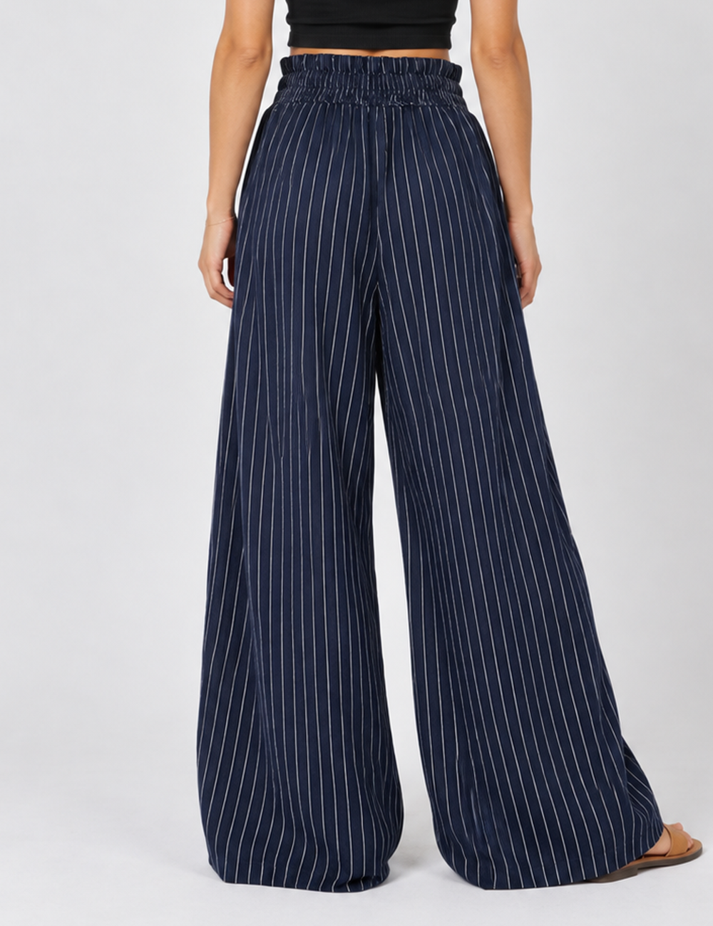 Ladies Striped Elastic Waist Drawstring Wide Leg Pants