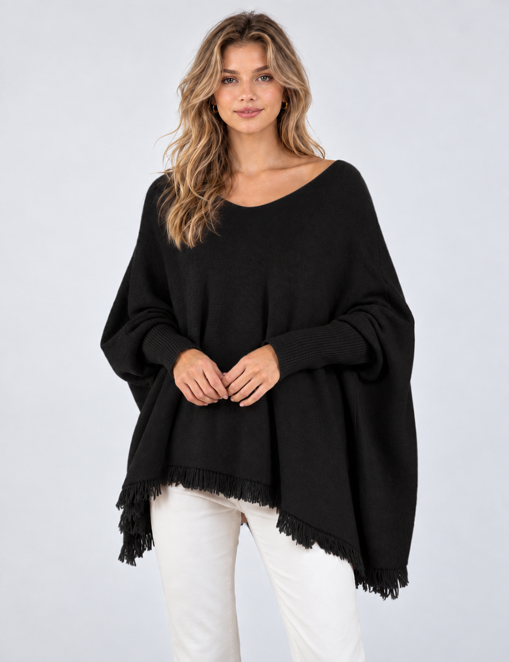 Ladies Casual V-Neck Fringe Hem Long Sleeve Knit Top