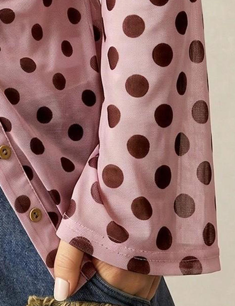 Ladies Polka Dot Print Sheer Mesh Long Sleeves Top
