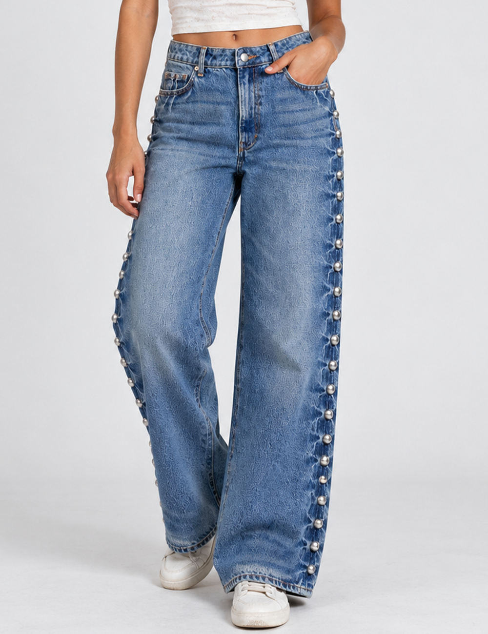 Ladies Studded Jeans Straight Wide Leg Denim Pants