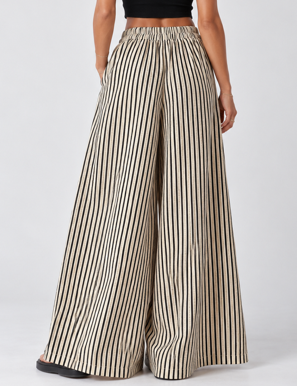 Ladies Striped Elastic Waist Wide Leg Pants