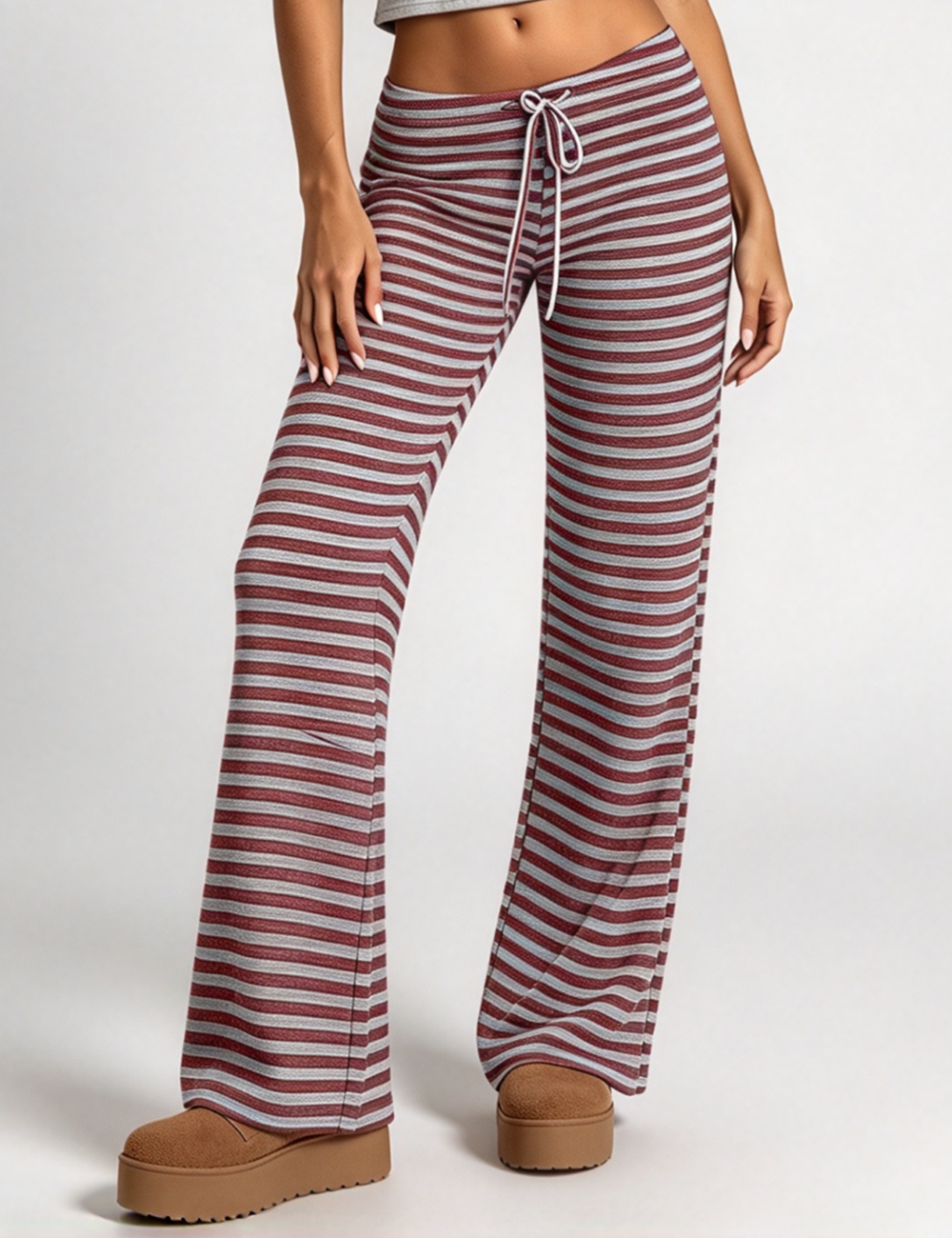 Ladies Striped Drawstring Elastic Waist Wide Leg Pants