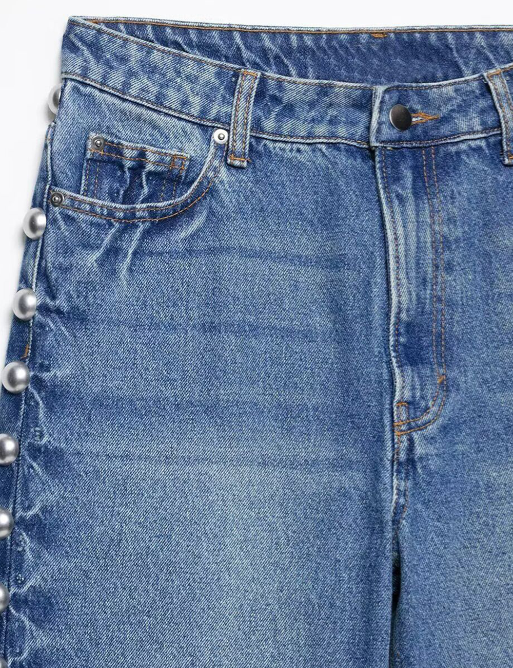 Ladies Studded Jeans Straight Wide Leg Denim Pants