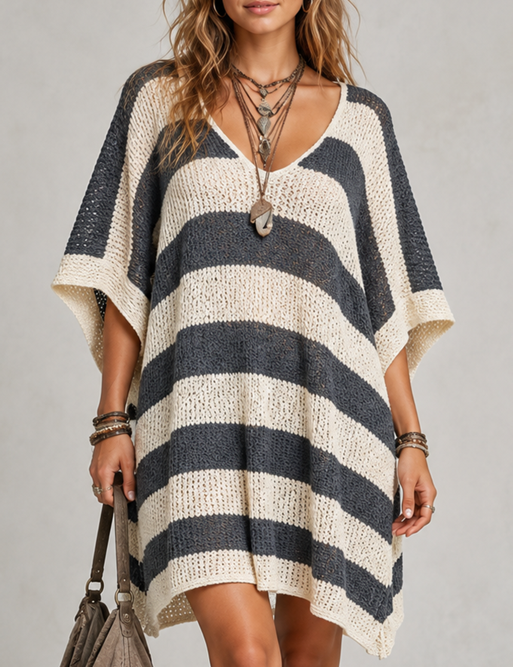 Ladies Casual Striped V-Neck Short Sleeve Knit Mini Dress