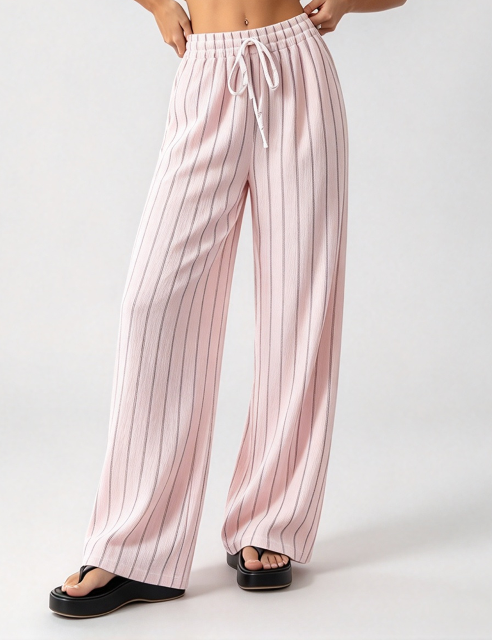 Ladies Casual Striped Elastic Waist Drawstring Wide Leg Pants