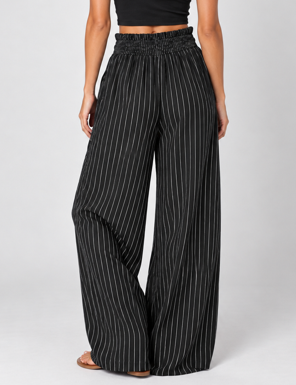 Ladies Striped Elastic Waist Drawstring Wide Leg Pants