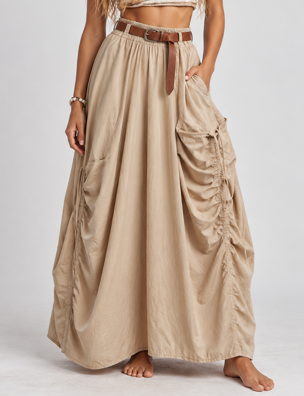 Ladies Boho Drawstring Pocket Organic Maxi Skirt
