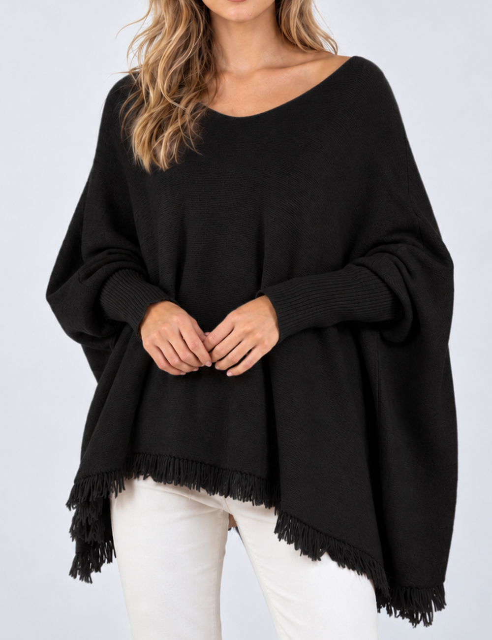 Ladies Casual V-Neck Fringe Hem Long Sleeve Knit Top