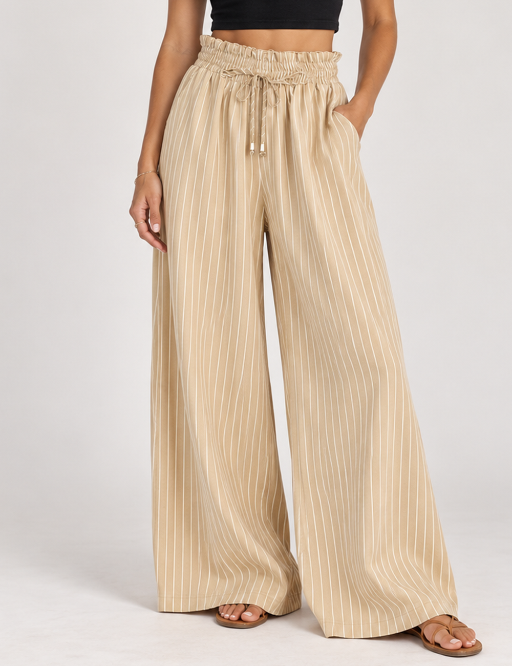 Ladies Striped Elastic Waist Drawstring Wide Leg Pants