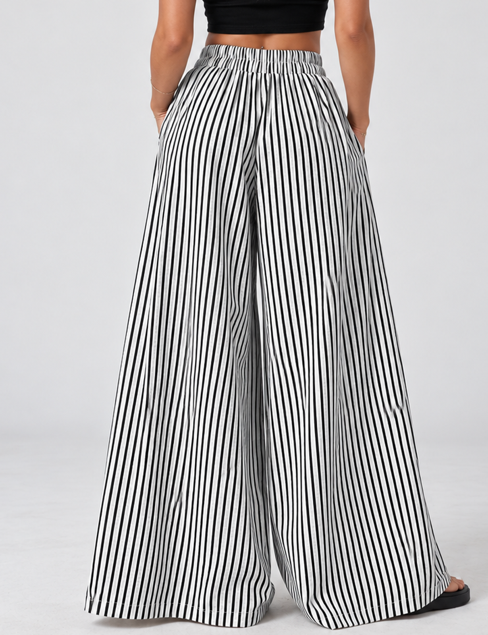 Ladies Striped Elastic Waist Wide Leg Pants