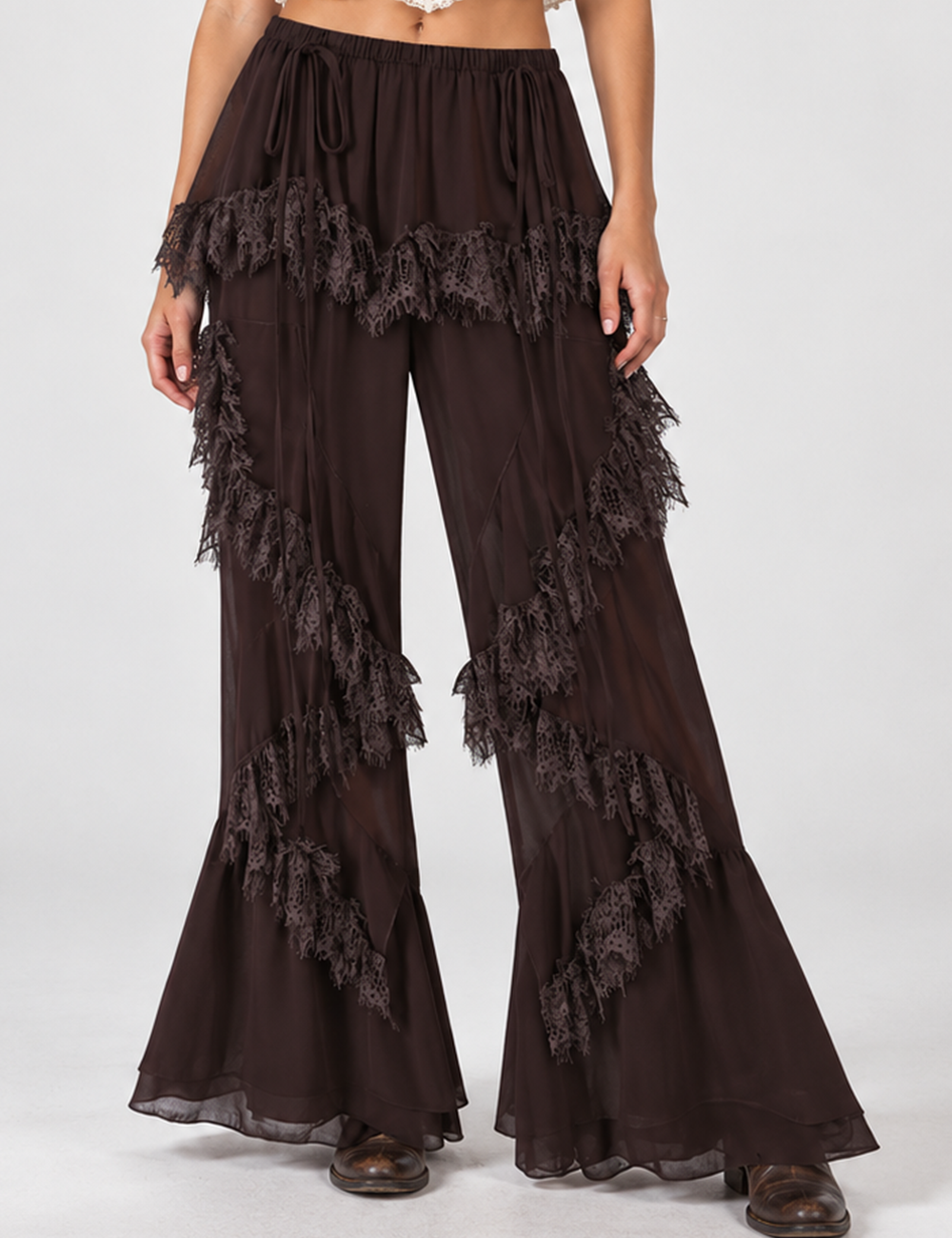Ladies Irregular Lace Patchwork Ruffle Flare Pants
