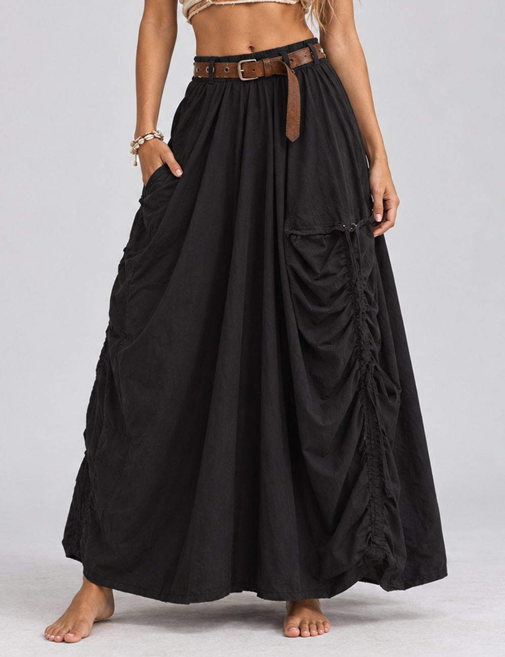 Ladies Boho Drawstring Pocket Organic Maxi Skirt