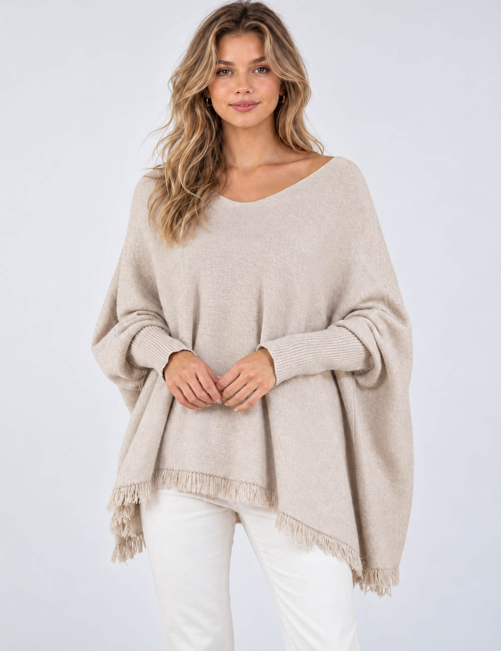 Ladies Casual V-Neck Fringe Hem Long Sleeve Knit Top