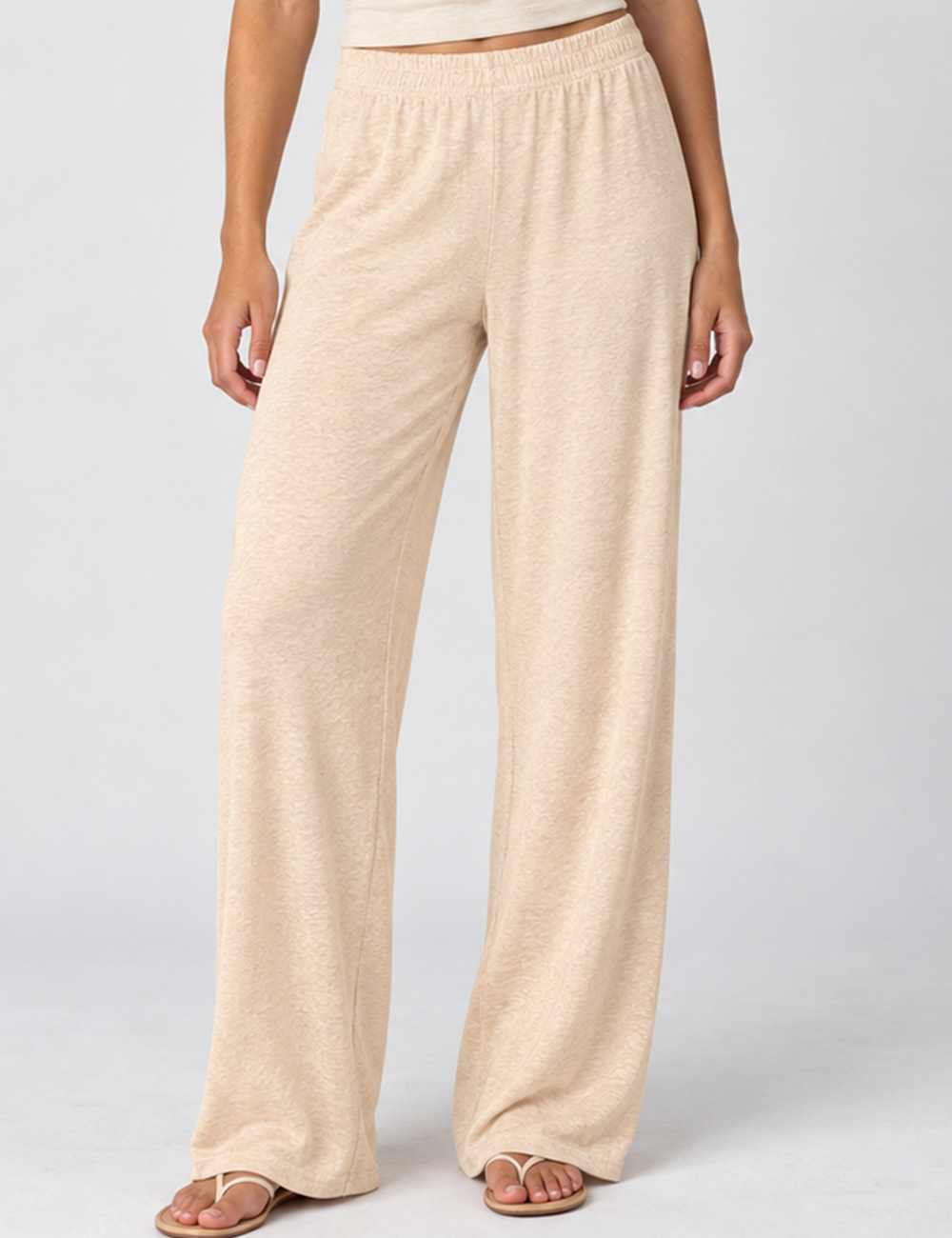 Ladies Drawstring Sheer Through Solid Color Wide Leg Pants