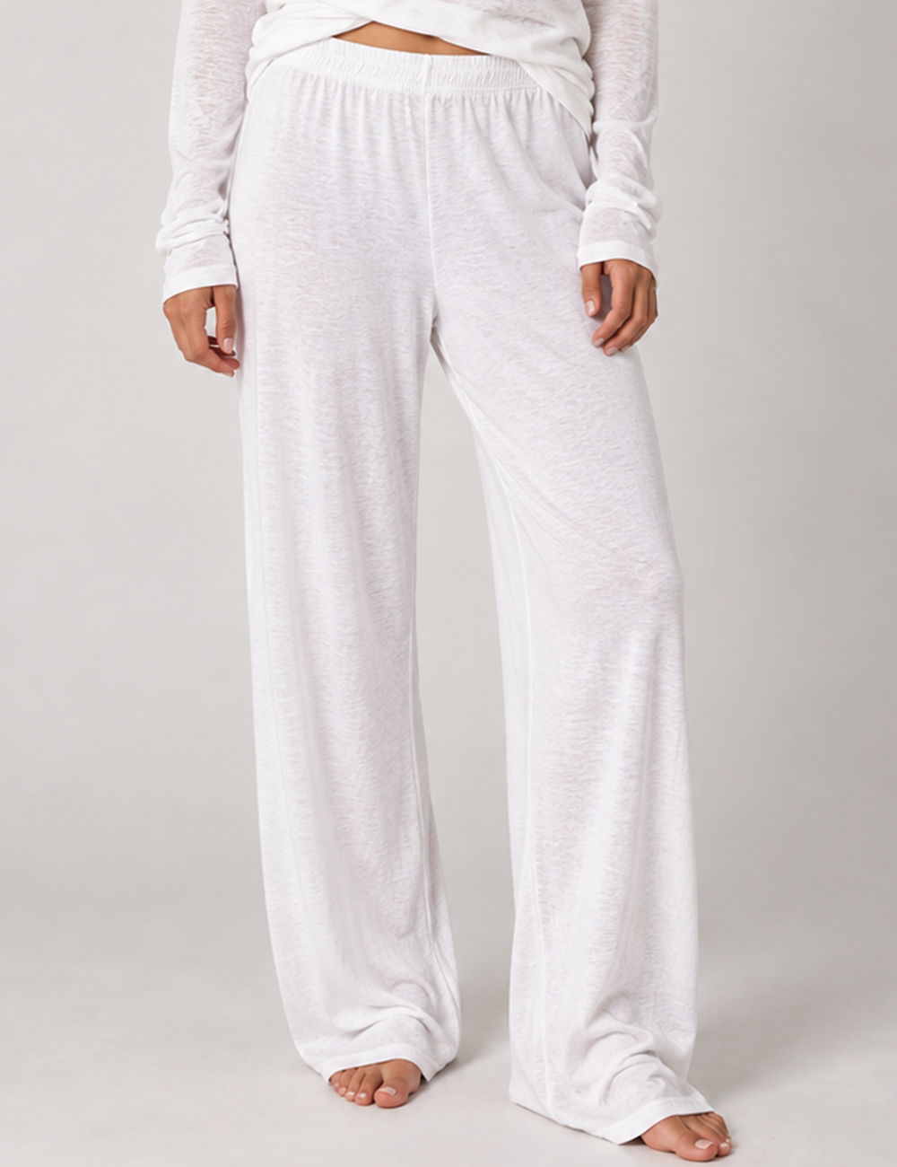 Ladies Drawstring Sheer Through Solid Color Wide Leg Pants