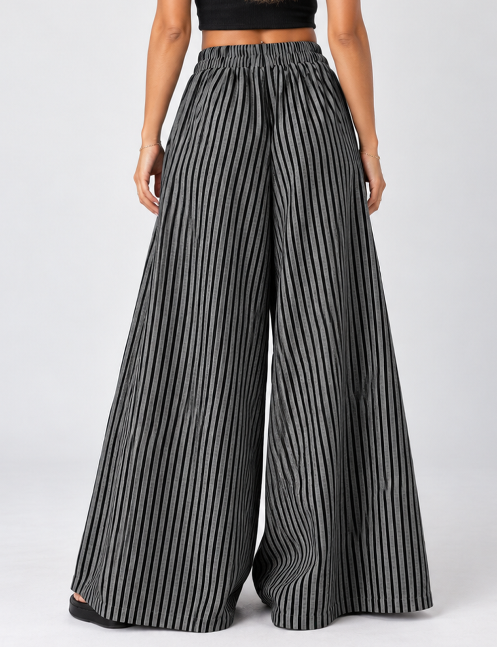 Ladies Striped Elastic Waist Wide Leg Pants