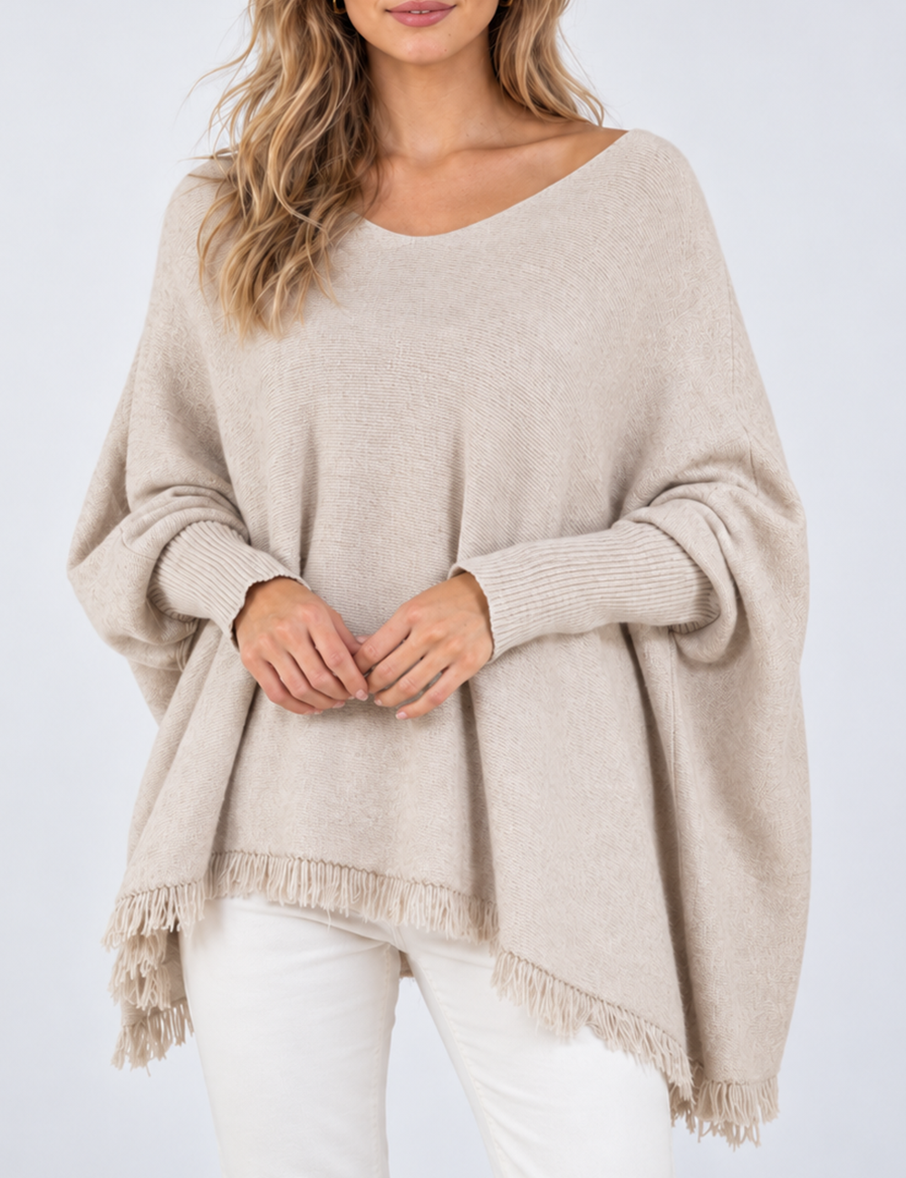 Ladies Casual V-Neck Fringe Hem Long Sleeve Knit Top
