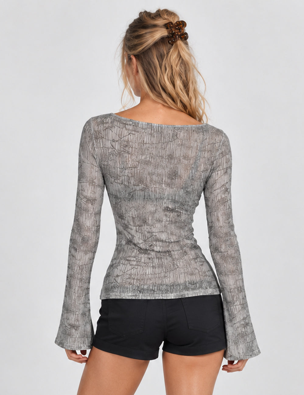 Ladies Casual Abstract Print Sheer Mesh Flared Sleeves Layering Top