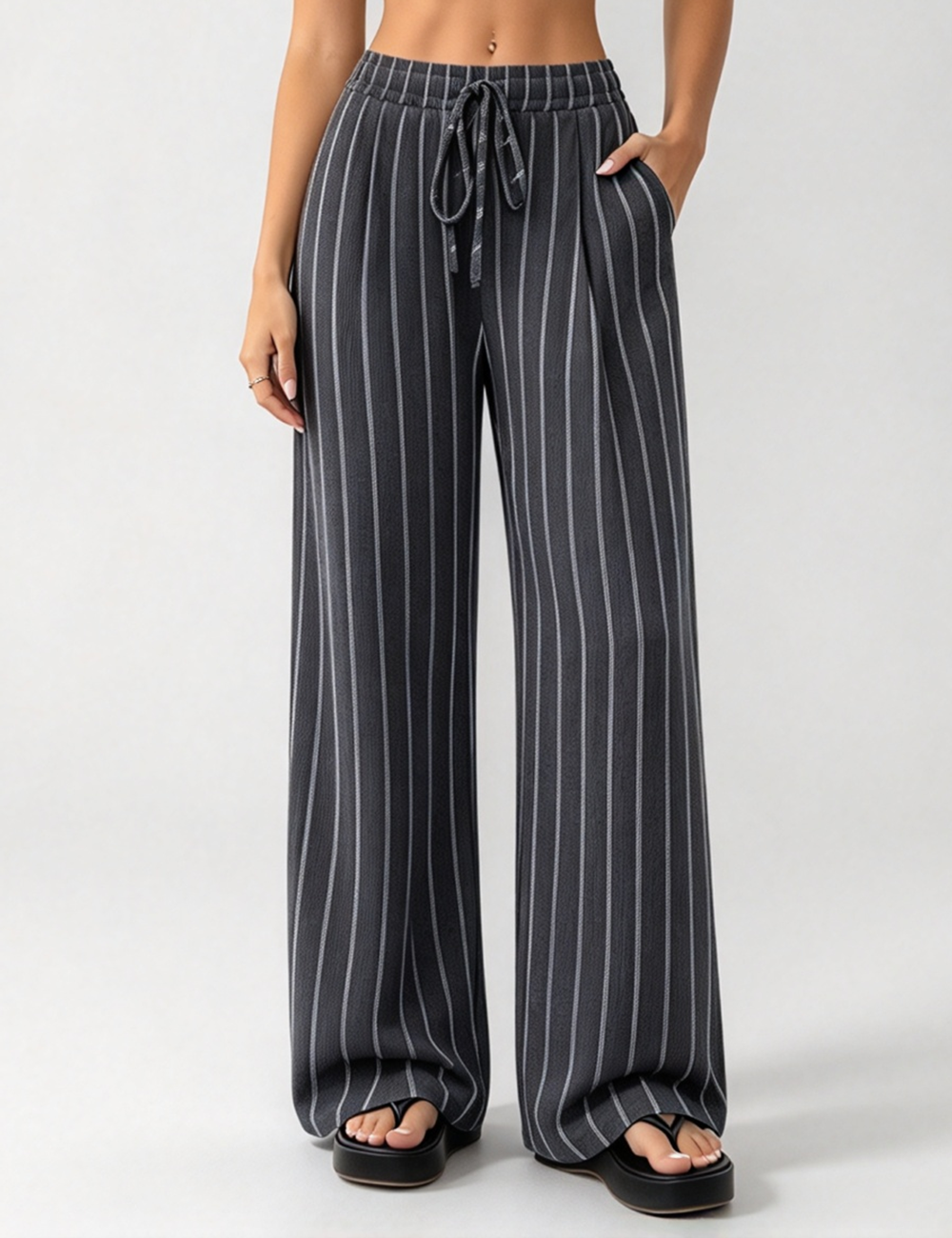 Ladies Casual Striped Elastic Waist Drawstring Wide Leg Pants