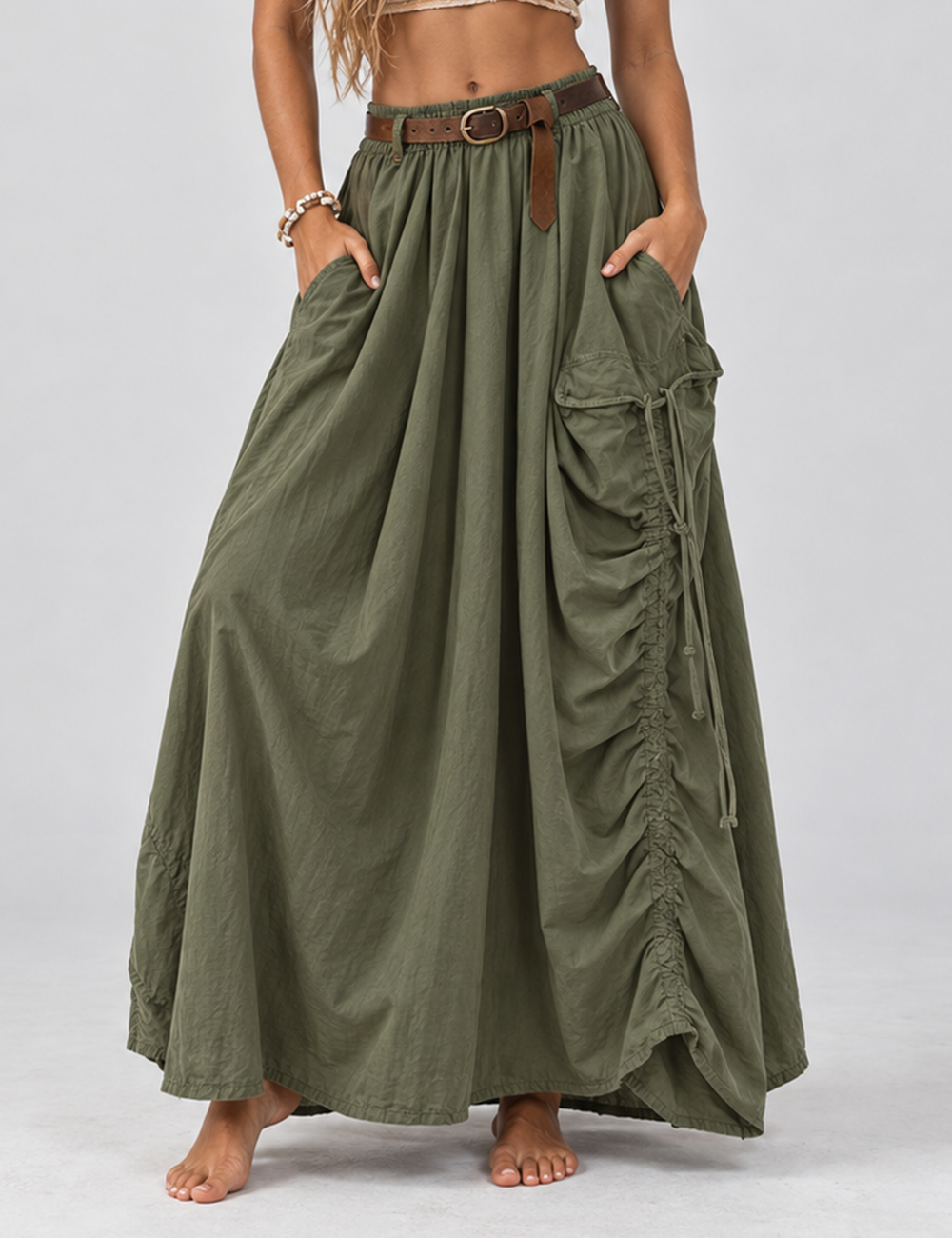 Ladies Boho Drawstring Pocket Organic Maxi Skirt