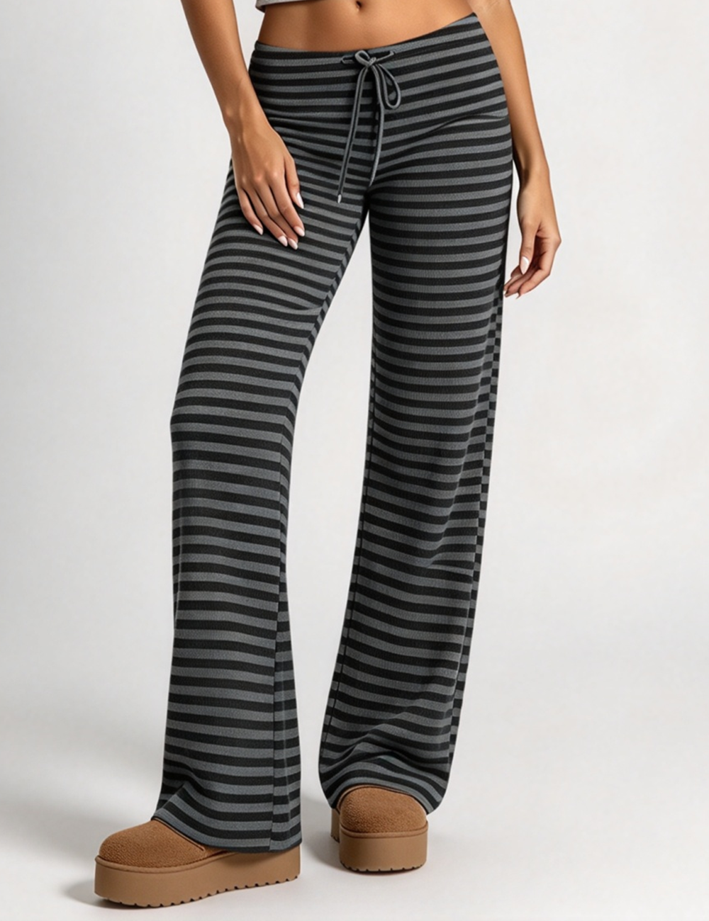 Ladies Striped Drawstring Elastic Waist Wide Leg Pants