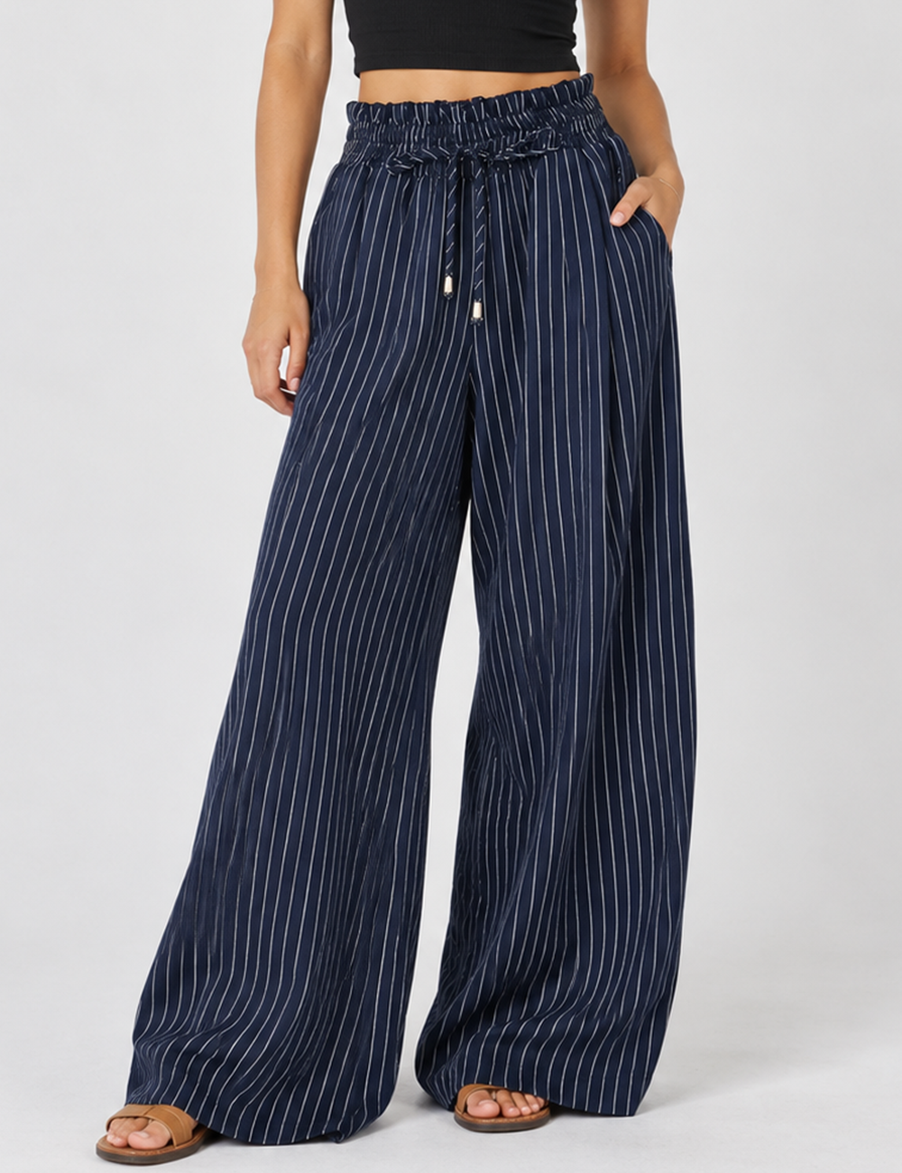 Ladies Striped Elastic Waist Drawstring Wide Leg Pants