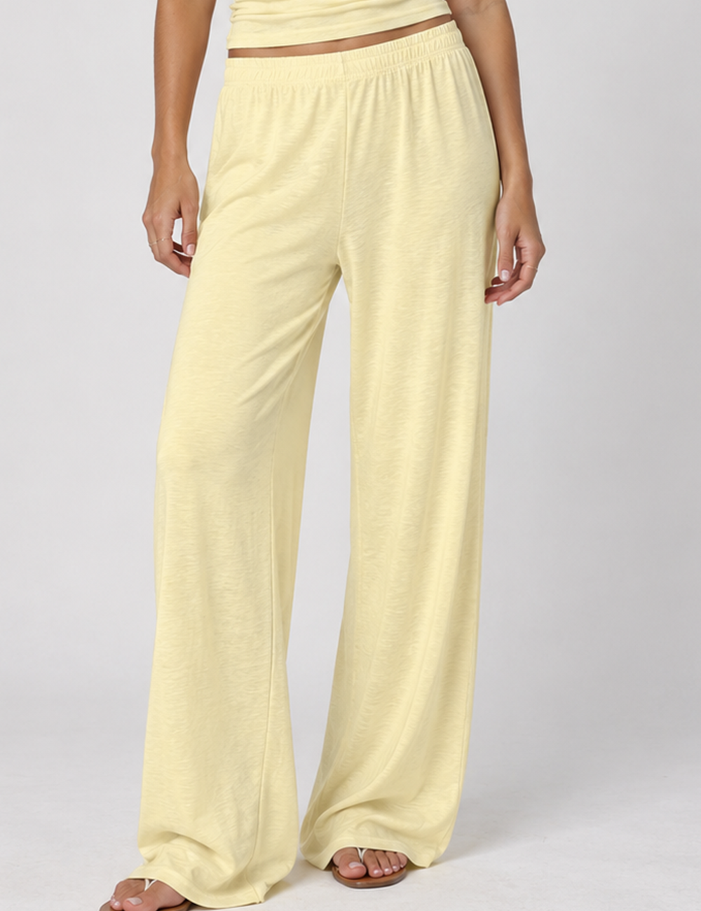 Ladies Drawstring Sheer Through Solid Color Wide Leg Pants