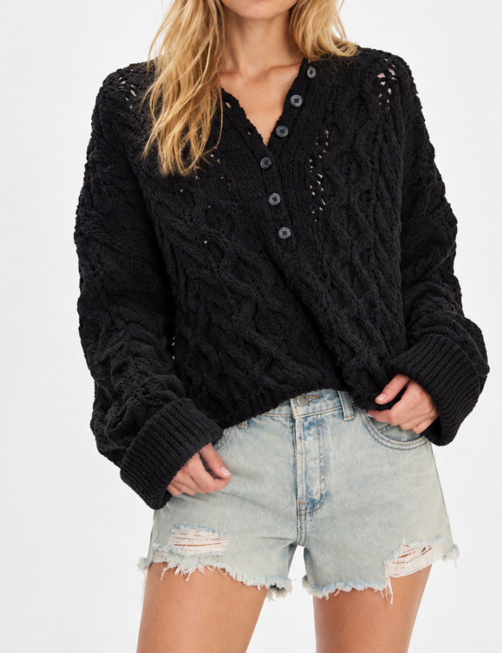 Ladies Casual Henley Neck Cable Knit Long Sleeve Sweater